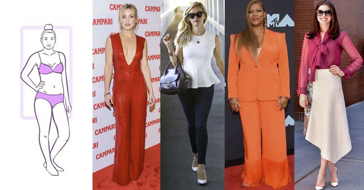Rectangle Body Type celebrities Kate Hudson, Reese Witherspoon, Queen Latifah, and Anne Hathaway are examples of Rectangle body shape