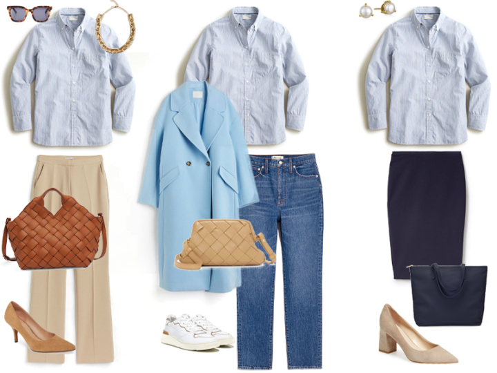 Three outfits featuring a blue button down shirt