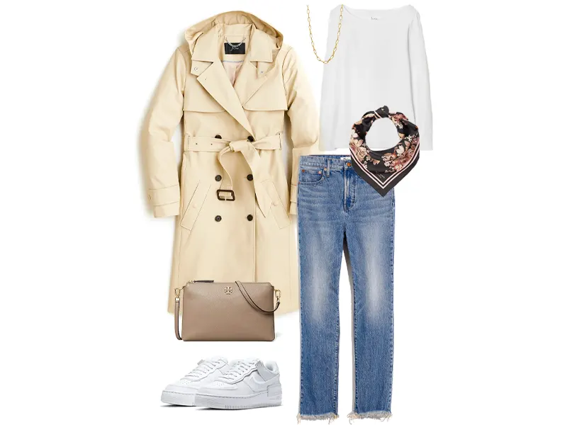 Trench coat, vintage jeans, black scarf, white boatneck tee, gold necklace, white sneakers and a tan crossbody 