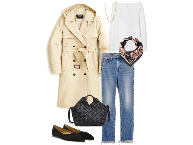 Trench coat, vintage jeans, black scarf, white boatneck tee, gold necklace, black flats, and a black woven tote