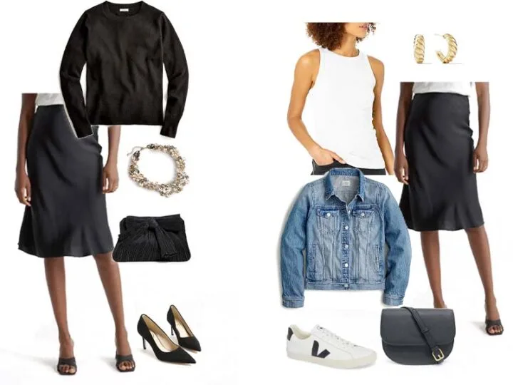 black silk shirt, black crewneck sweater, clear cluster statement necklace, black kitten heels, and black pleated clutch or Silk Skirt with white tank, denim jacket, black vegan crossbody, black and white sneakers, and gold hoops.