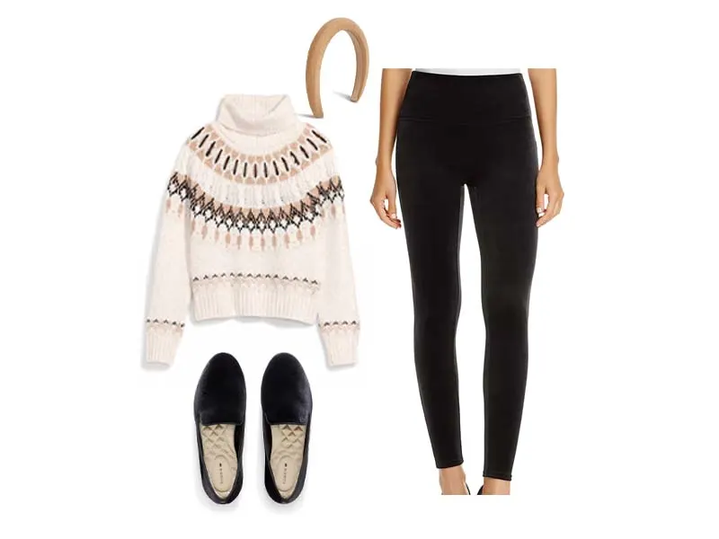 How to Wear Your Fair Isle Sweater neutral fair isle sweater with velvet leggings, black velvet loafers, and a camel headband