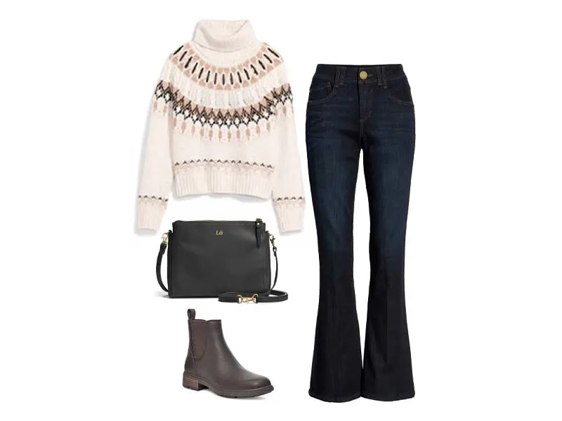 How to Wear Your Fair Isle Sweater fair isle sweater with bootcut jeans, black crossbody and dark chelsea boots
