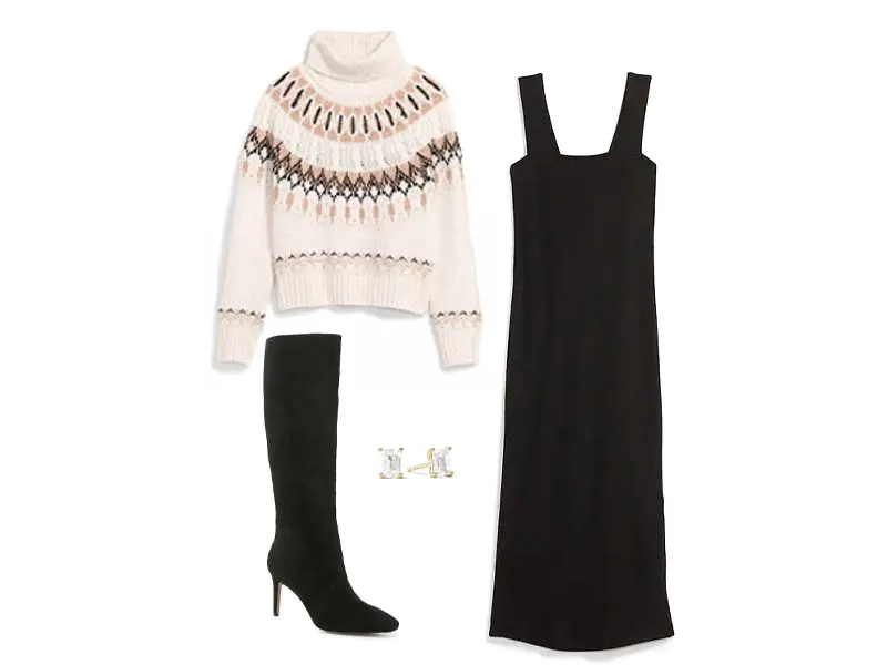 How to Wear Your Fair Isle Sweater neutral fair isle sweater, black rib knit dress, black tall boots, and topaz earrings