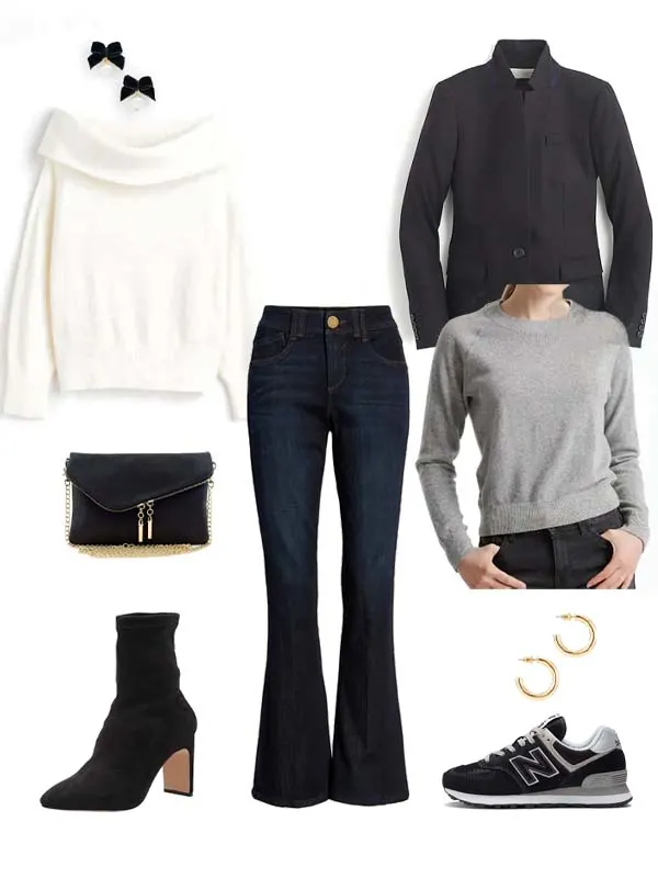 bootcut jeans, white sweater, black envelope clutch, sock booties, or with a black blazer, gray shrunken sweatshirt, gold hoops, and black new balance sneakers
