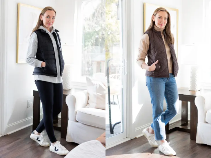 How to Style a Puffer Vest for Women over 40. Simple and easy outfit ideas.
